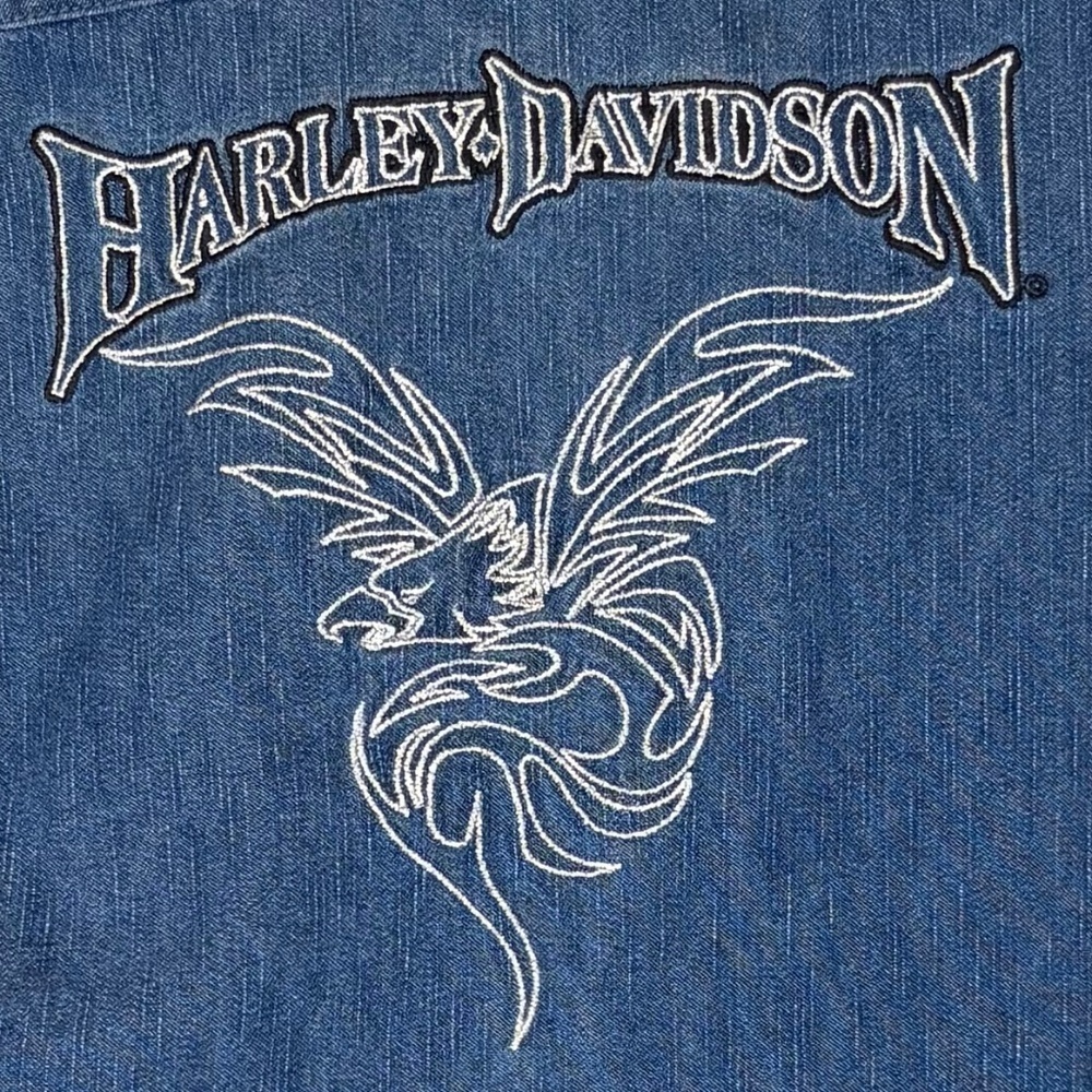 Harley Davidson Denim Long Sleeve Button Down Shirt w/ Silver Shimmer Embroidery